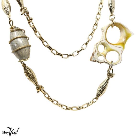 Vintage Necklace Gold Metal Chain Real Shells and Tiny Fish 38" Long - Hey Viv - Picture 2 of 7
